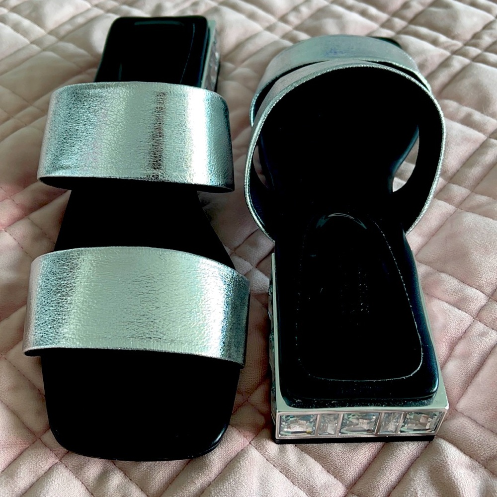 NWT silver slides with rhinestone low heel